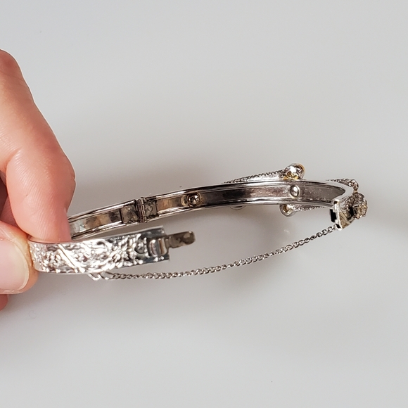 Antique Silver Textured Bracelet with Rhinestones and Pearls - Picture 6 of 7